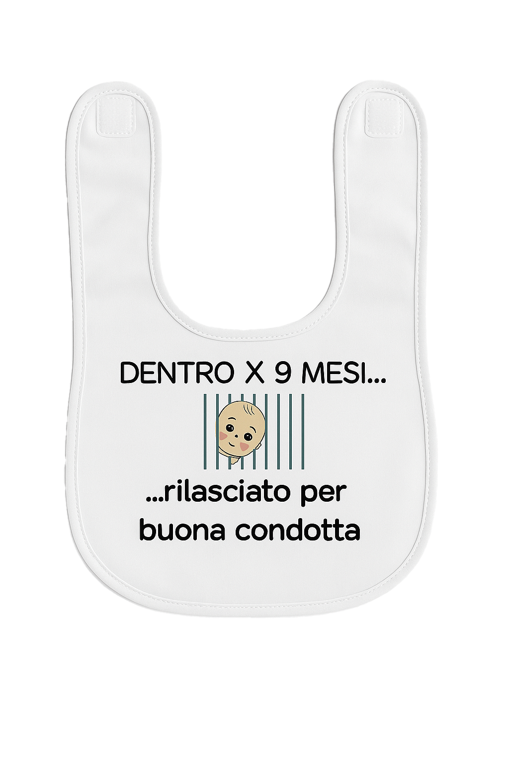 Bavaglino neonato “Dentro per 9 mesi – Rilasciato per buona condotta” – Idea regalo simpatica