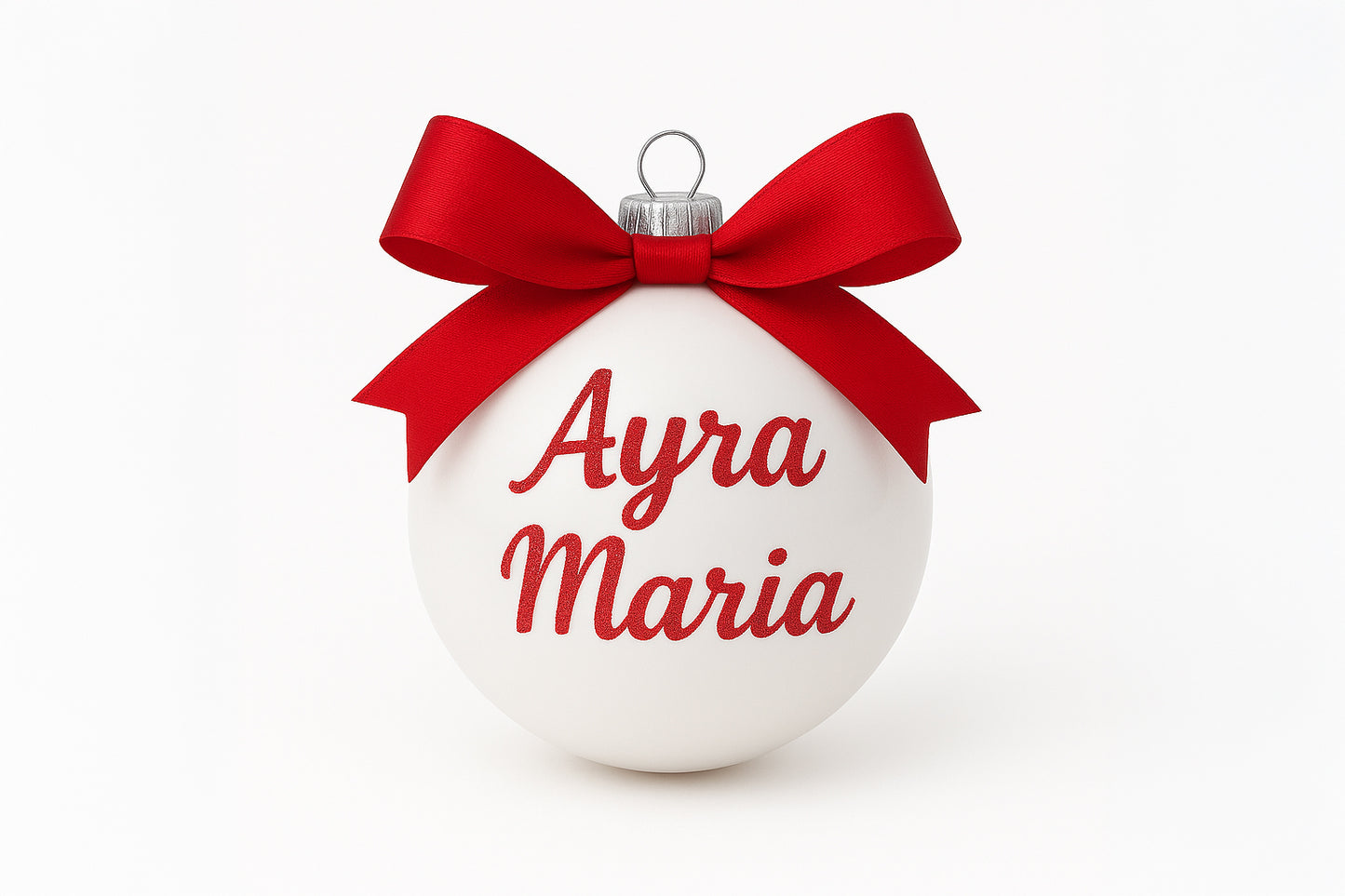 Pallina Natalizia Personalizzata – Bianca Lucida con Fiocco Rosa, Rosso o Azzurro
