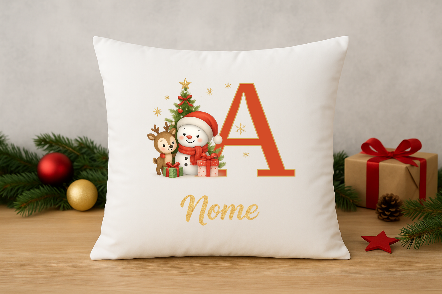 Cuscino Natalizio Personalizzato con Lettera Iniziale e Nome Glitter Oro – Decorazione e Regalo di Natale