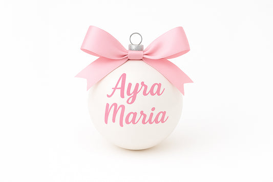 Pallina Natalizia Personalizzata – Bianca Lucida con Fiocco Rosa, Rosso o Azzurro