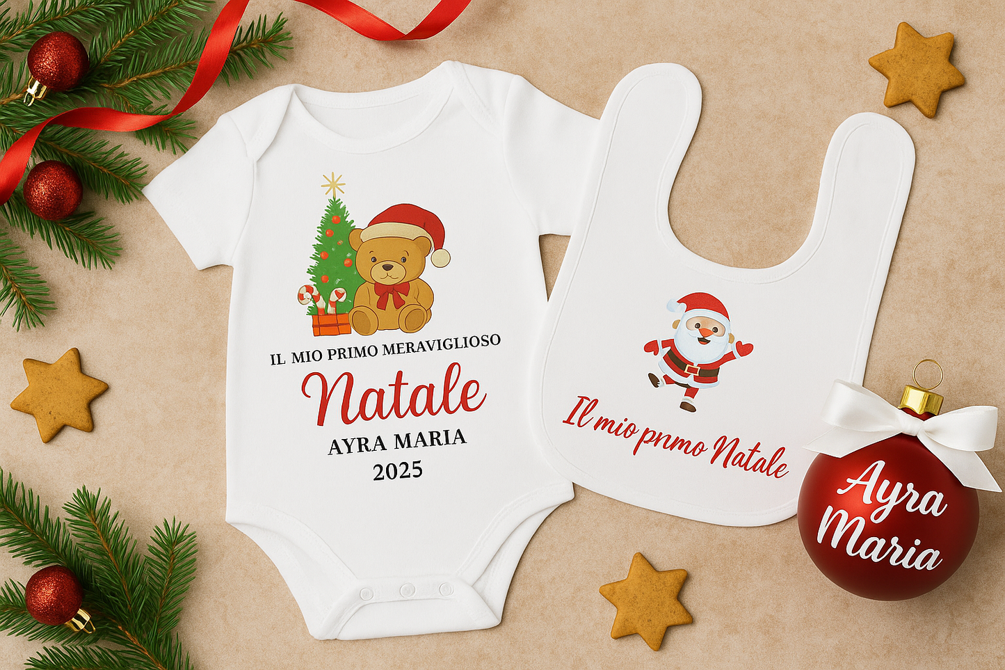Kit Primo Natale Personalizzato con Nome – Body, Bavaglino e Pallina